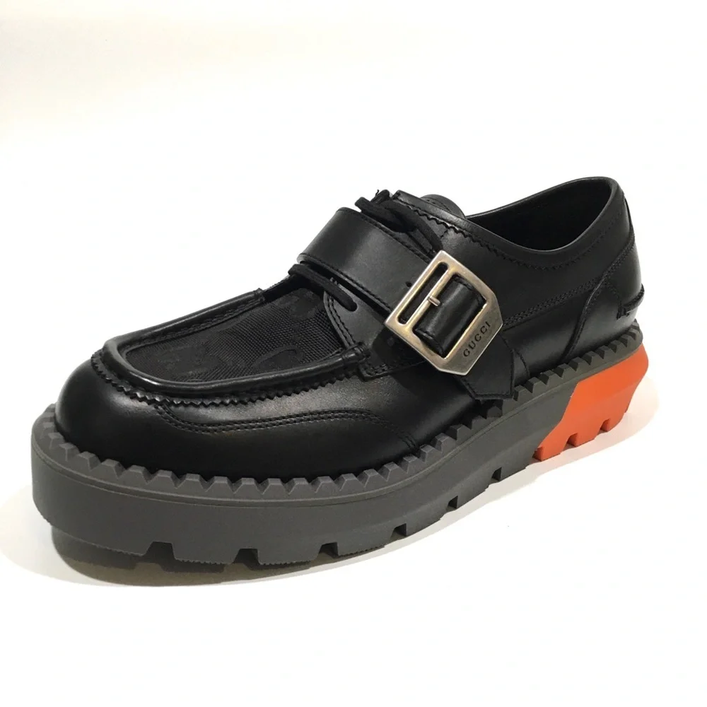 GUCCI LACE-UP BUCKLE LEATHER LOAFERS -BLACK / ORANGE -MEN US 10.5 -NEW - Picture 1 of 9